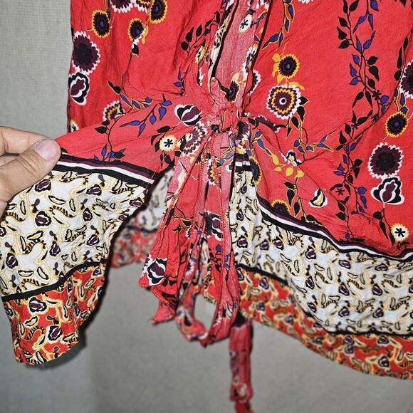 Suzanne Betro Red Boho Wrap Tunic Top Womens Large Lightweight Festival Duster - Picture 4 of 12